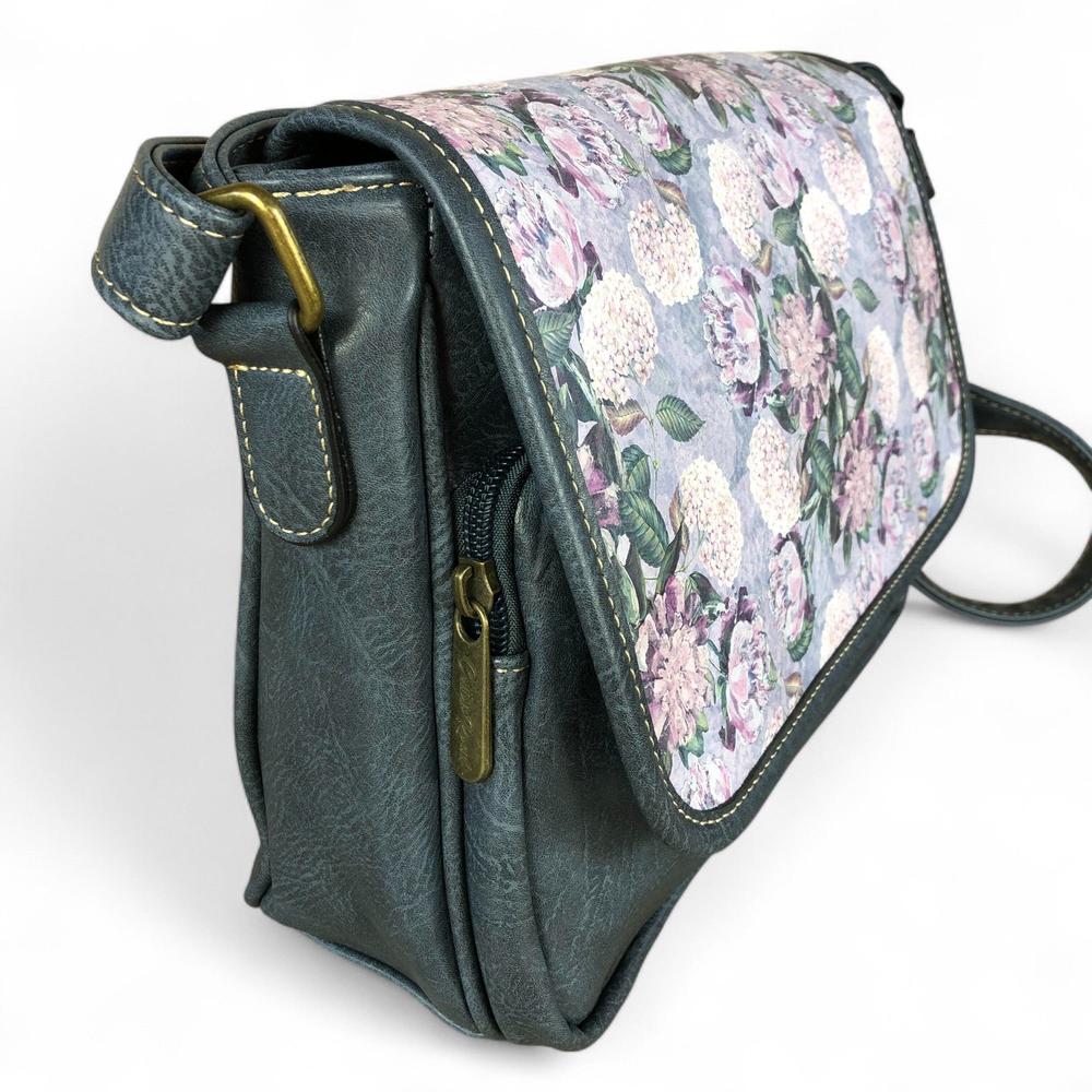 BLUE PU Leather Cotton Road Sling Bag with FLORAL Panel