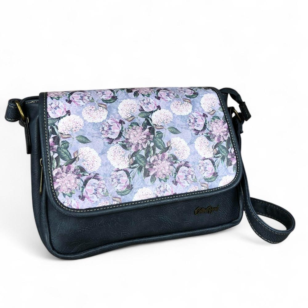BLUE PU Leather Cotton Road Sling Bag with FLORAL Panel