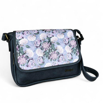 BLUE PU Leather Cotton Road Sling Bag with FLORAL Panel