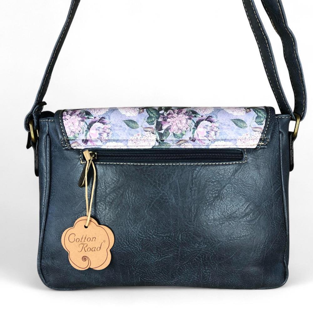 BLUE PU Leather Cotton Road Sling Bag with FLORAL Panel