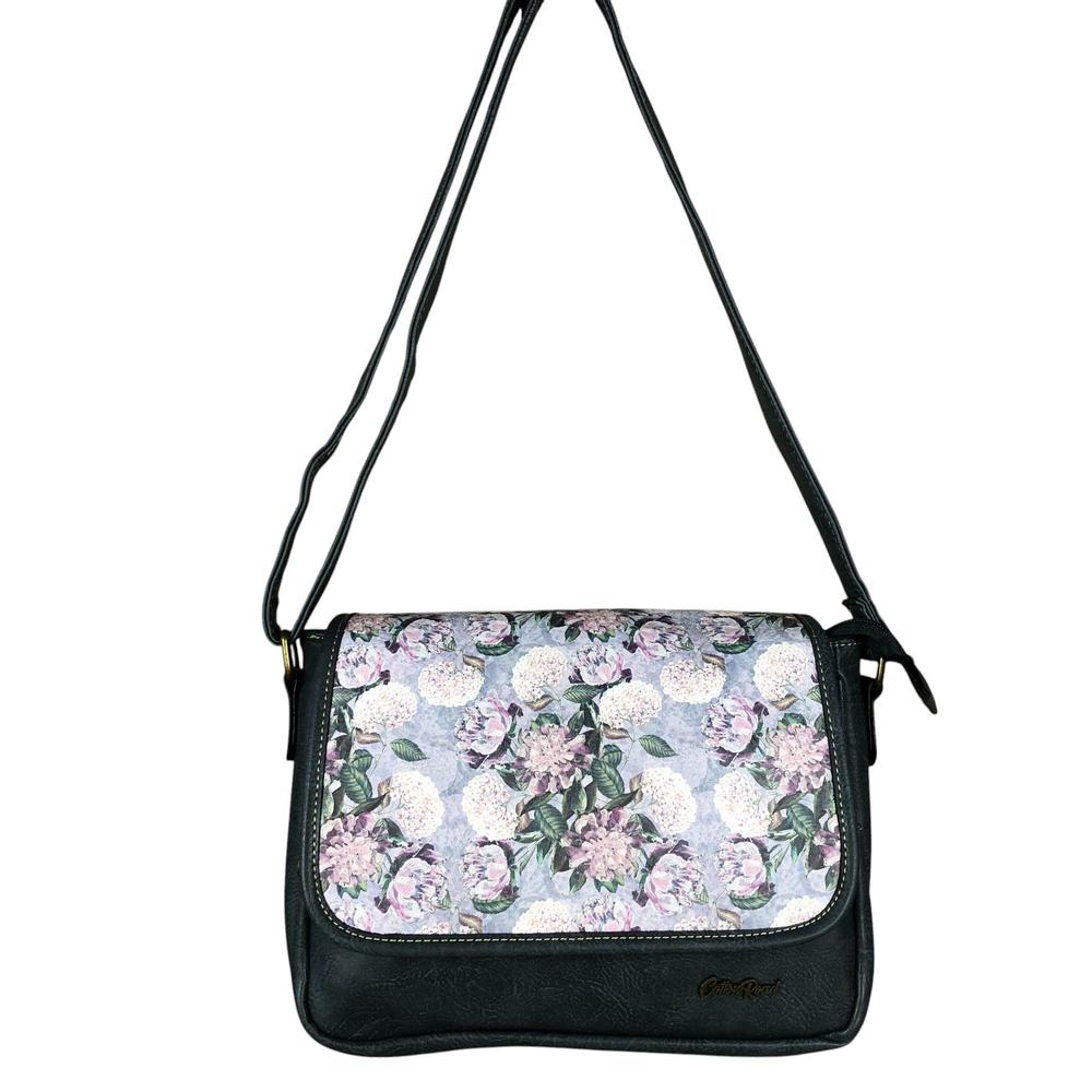 BLUE PU Leather Cotton Road Sling Bag with FLORAL Panel