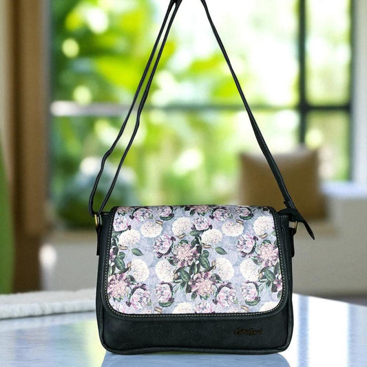 BLUE PU Leather Cotton Road Sling Bag with FLORAL Panel