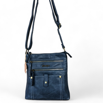 BLUE PU Leather Cotton Road Sling Bag with Metal Zips