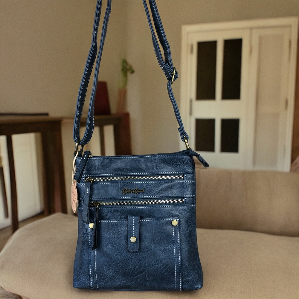 BLUE PU Leather Cotton Road Sling Bag with Metal Zips