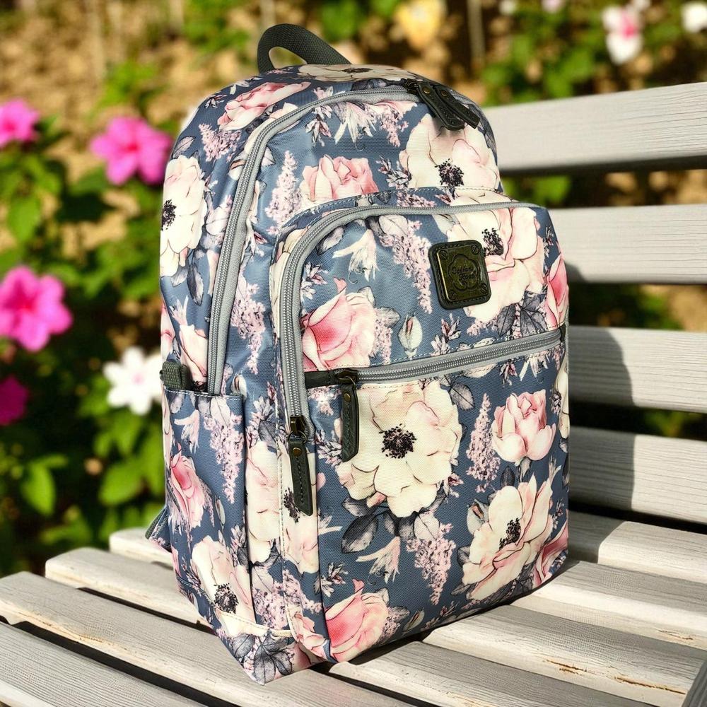 BLUE PVC Cotton Road 15,6" Laptop Backpack with FLOWERS