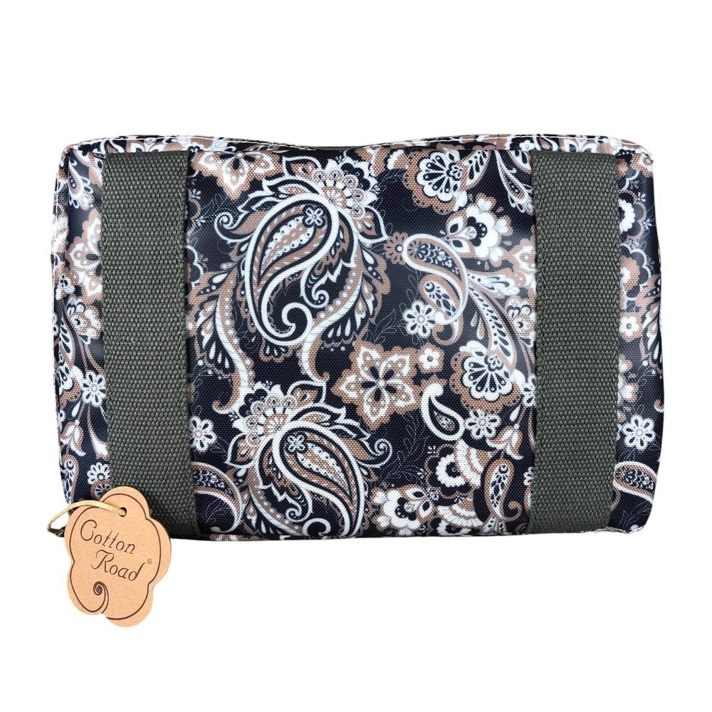 Blue PVC foldaway travel bag with paisley print and durable cotton road straps