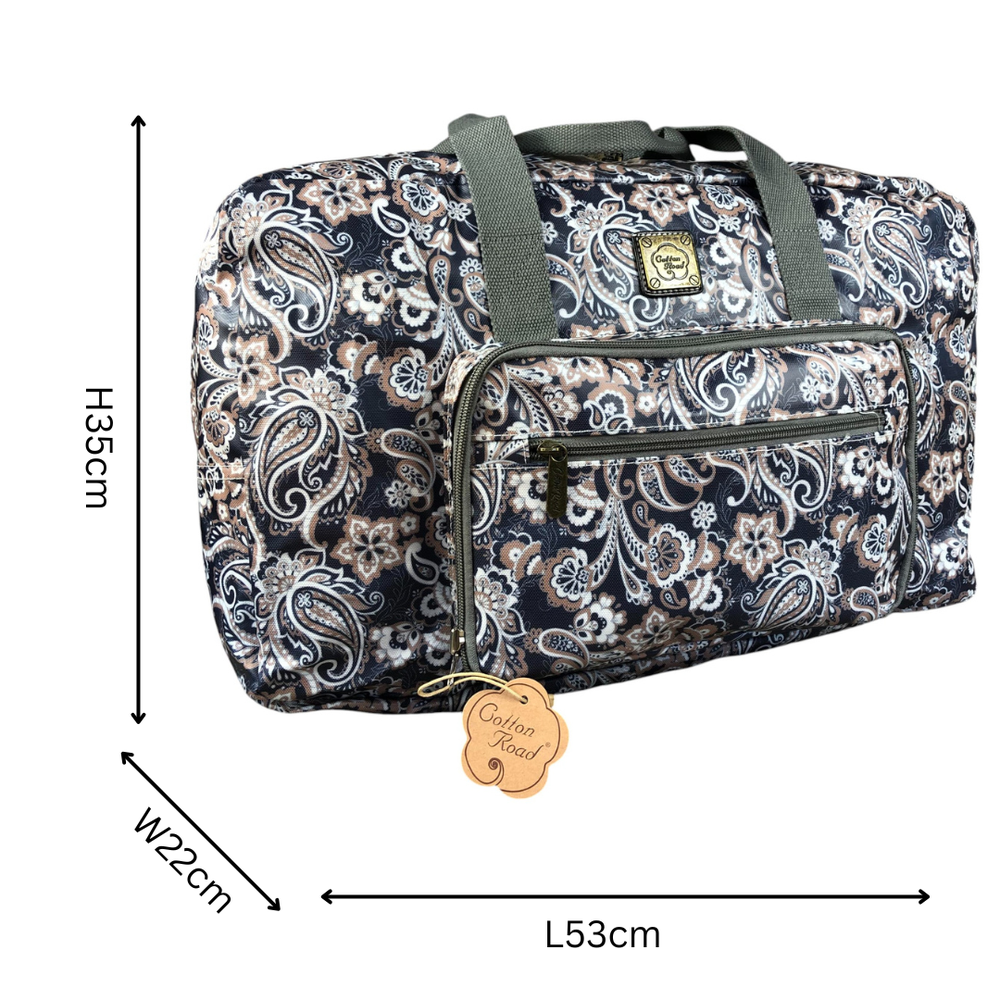 Blue PVC foldaway weekender travel bag with paisley print, 53x22x35 cm, durable and stylish cotton road travel bag