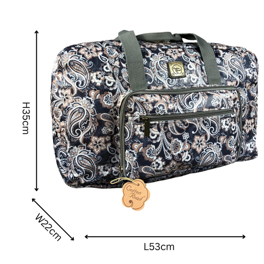 Blue PVC foldaway weekender travel bag with paisley print, 53x22x35 cm, durable and stylish cotton road travel bag