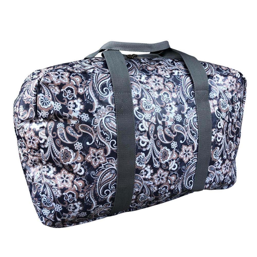 Blue PVC foldaway weekender travel bag with paisley print and grey handles