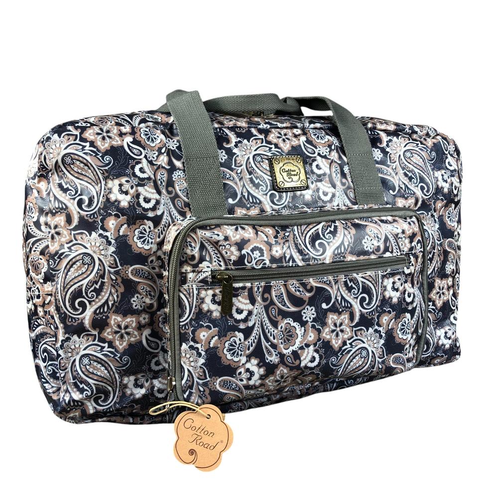Blue PVC foldaway weekender travel bag with paisley print by Cotton Road
