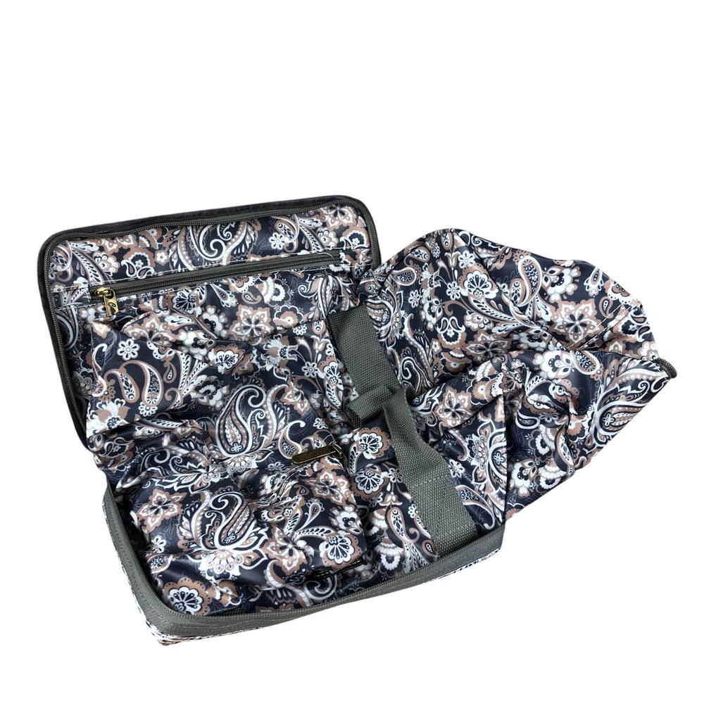 blue pvc foldaway paisley print travel bag with zip compartments and roomy interior