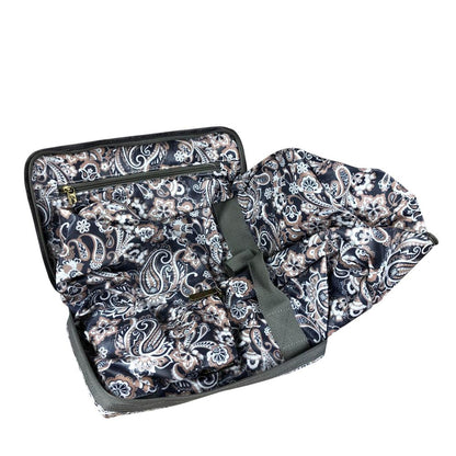 blue pvc foldaway paisley print travel bag with zip compartments and roomy interior