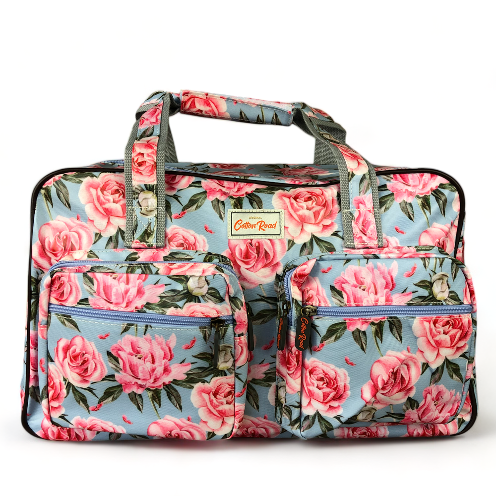 BLUE PVC Overnight Cotton Road Travel Bag with PINK ROSES