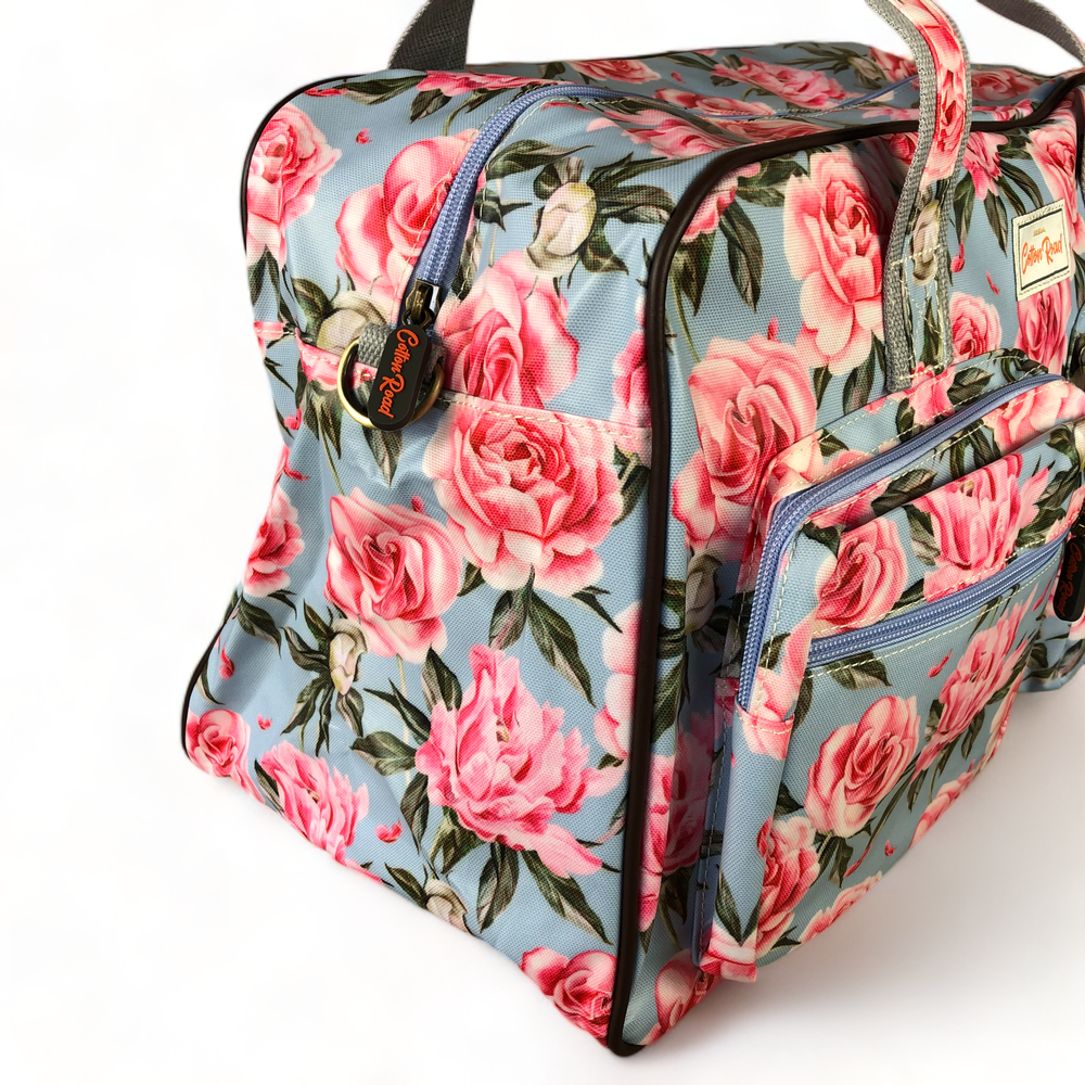 BLUE PVC Overnight Cotton Road Travel Bag with PINK ROSES