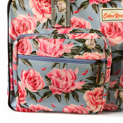 BLUE PVC Overnight Cotton Road Travel Bag with PINK ROSES