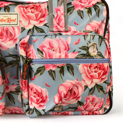 BLUE PVC Overnight Cotton Road Travel Bag with PINK ROSES