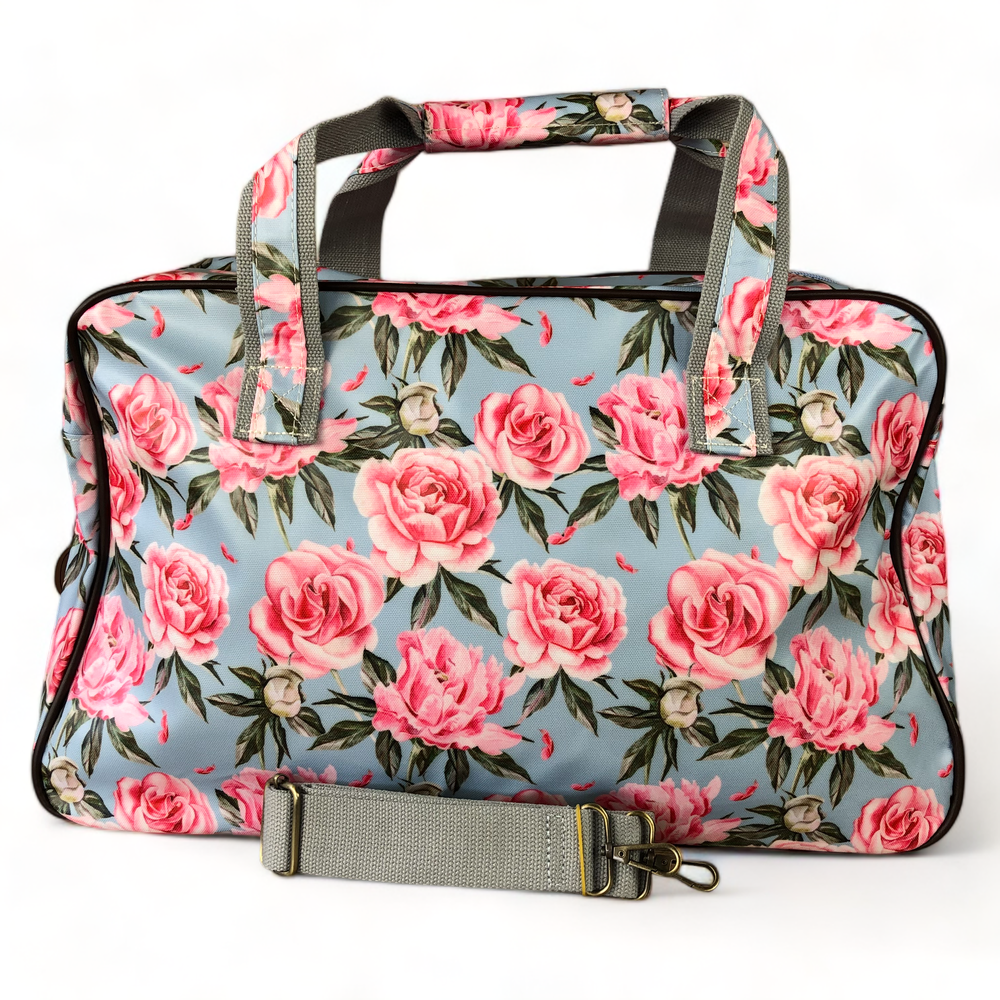 BLUE PVC Overnight Cotton Road Travel Bag with PINK ROSES