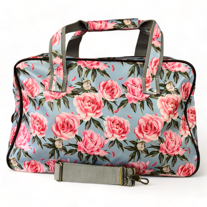 BLUE PVC Overnight Cotton Road Travel Bag with PINK ROSES