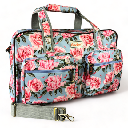 BLUE PVC Overnight Cotton Road Travel Bag with PINK ROSES