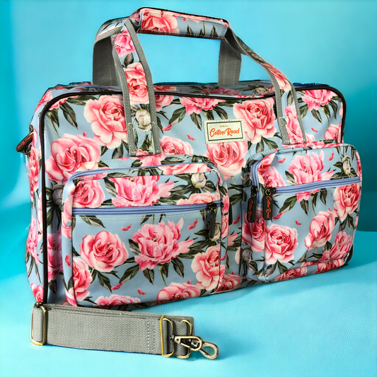 BLUE PVC Overnight Cotton Road Travel Bag with PINK ROSES