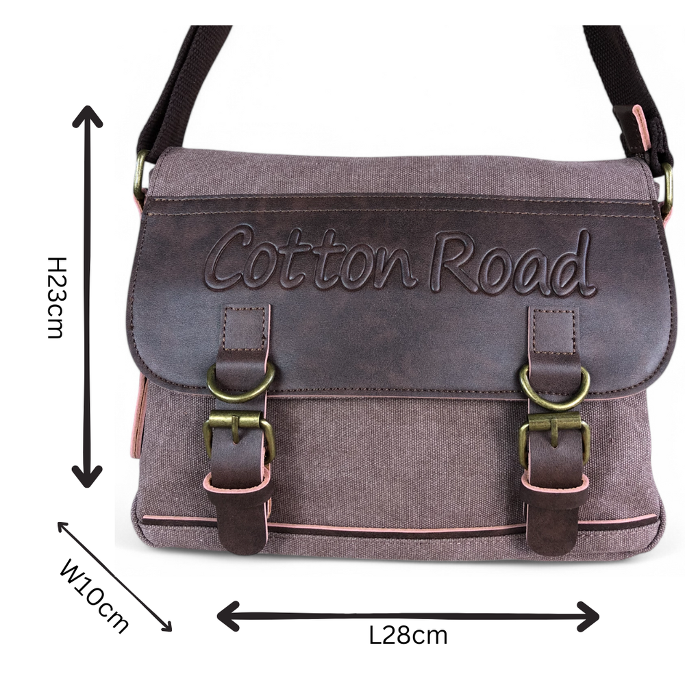 BROWN BRANDED Canvas Cotton Road Sling Bag with BROWN PU Leather Trim