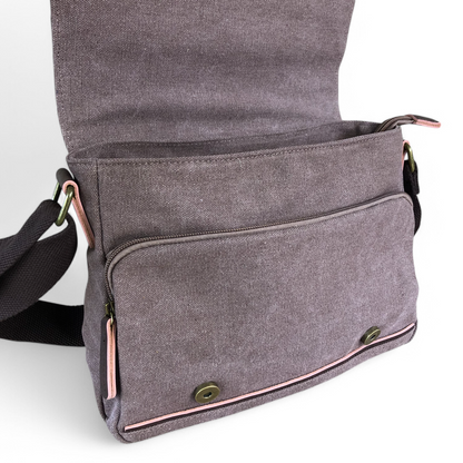 BROWN BRANDED Canvas Cotton Road Sling Bag with BROWN PU Leather Trim