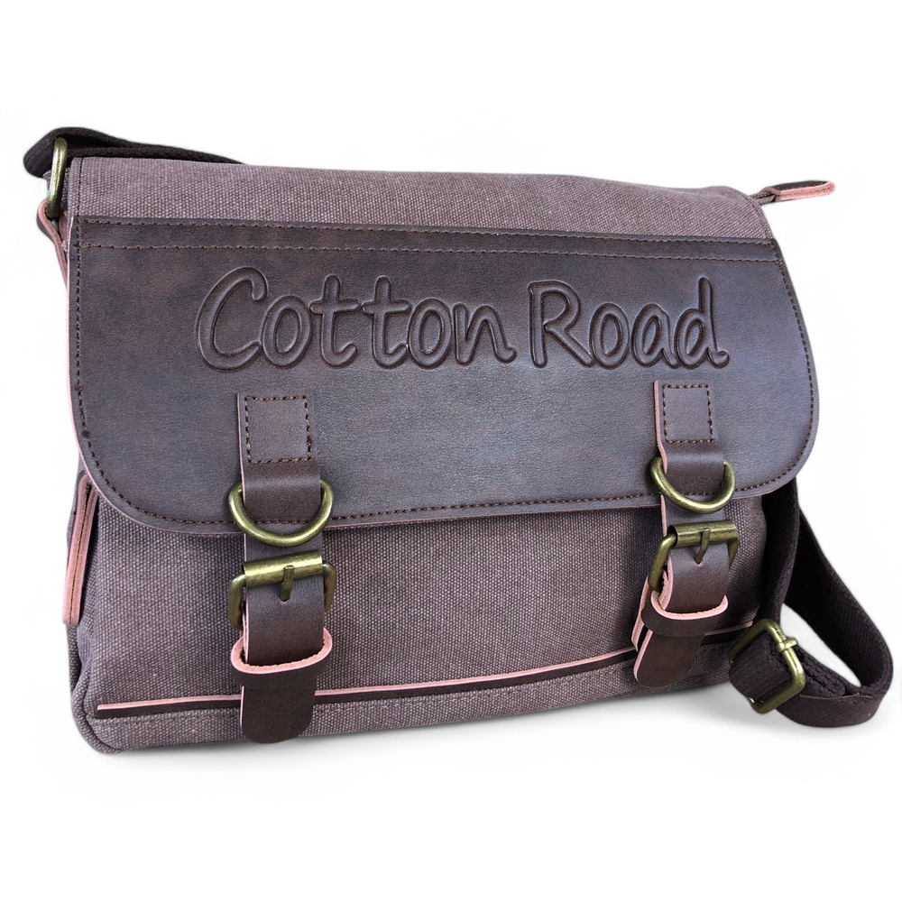 BROWN BRANDED Canvas Cotton Road Sling Bag with BROWN PU Leather Trim