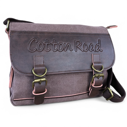 BROWN BRANDED Canvas Cotton Road Sling Bag with BROWN PU Leather Trim