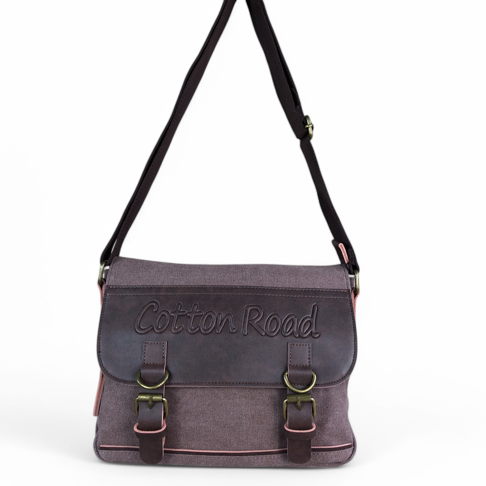 BROWN BRANDED Canvas Cotton Road Sling Bag with BROWN PU Leather Trim
