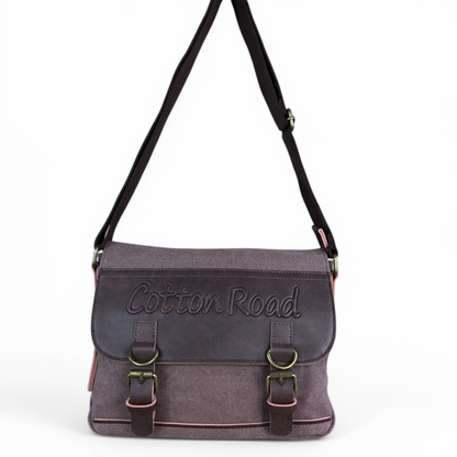 BROWN BRANDED Canvas Cotton Road Sling Bag with BROWN PU Leather Trim