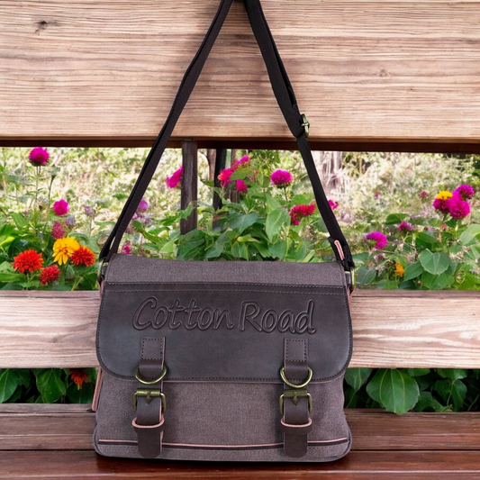 BROWN BRANDED Canvas Cotton Road Sling Bag with BROWN PU Leather Trim