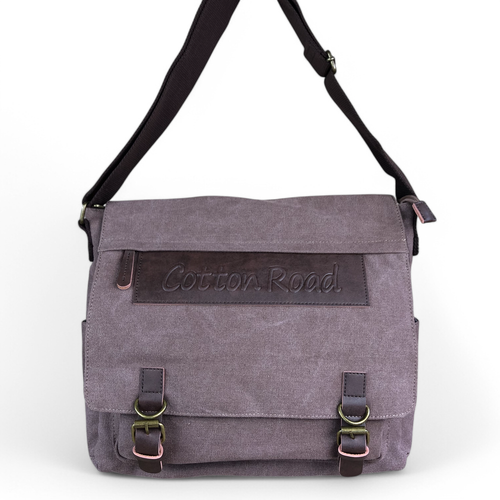 BROWN BRANDED Cotton Road Canvas 15,6" Laptop Bag with BROWN PU Leather TRIM hanging