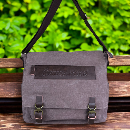 BROWN BRANDED Cotton Road Canvas 15,6" Laptop Bag with BROWN PU Leather TRIM on bench