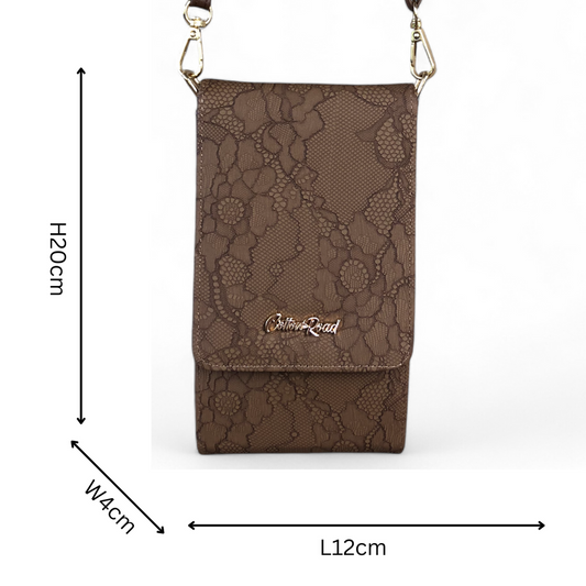 BROWN Cotton Road PU Leather Cellphone Sling Bag/Wallet with LACE Print
