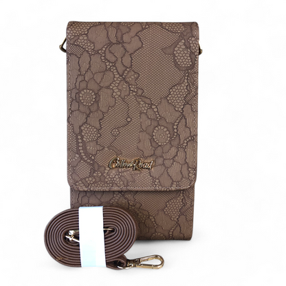 BROWN Cotton Road PU Leather Cellphone Sling Bag/Wallet with LACE Print