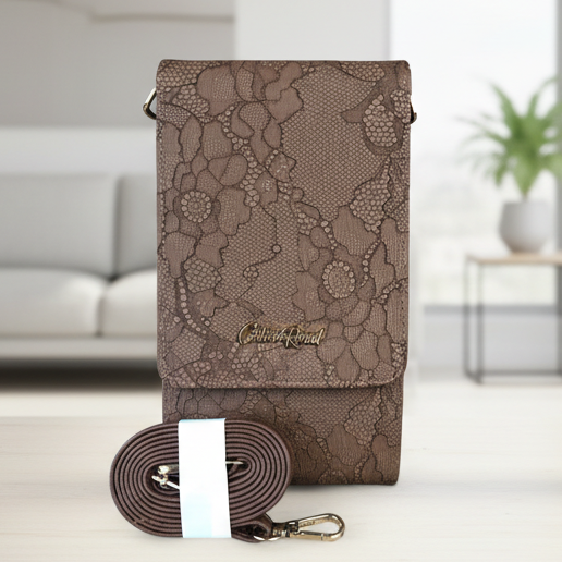 BROWN Cotton Road PU Leather Cellphone Sling Bag/Wallet with LACE Print