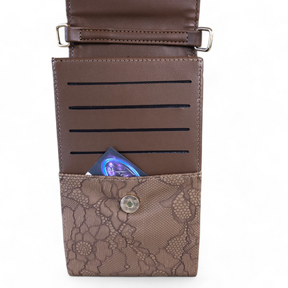 BROWN Cotton Road PU Leather Cellphone Sling Bag/Wallet with LACE Print