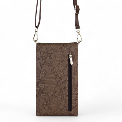 BROWN Cotton Road PU Leather Cellphone Sling Bag/Wallet with LACE Print