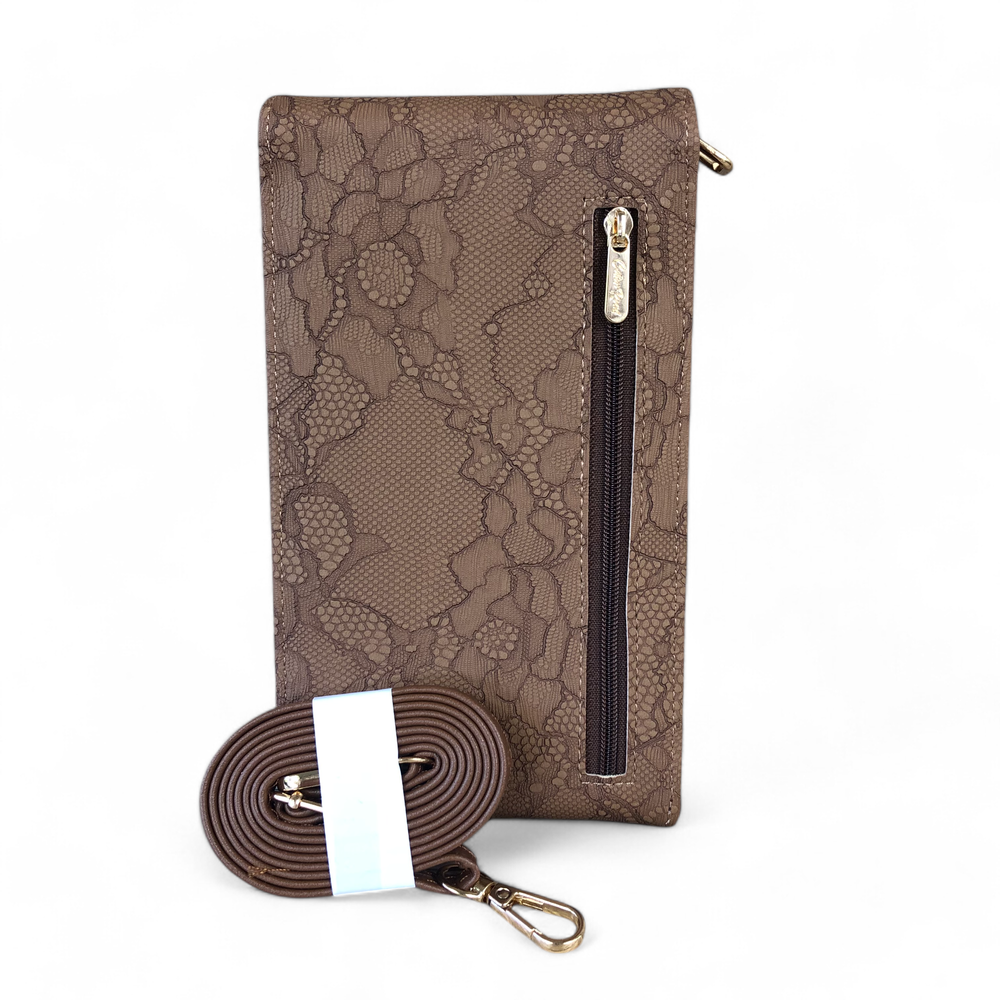 BROWN Cotton Road PU Leather Cellphone Sling Bag/Wallet with LACE Print