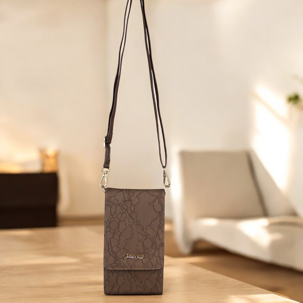 BROWN Cotton Road PU Leather Cellphone Sling Bag/Wallet with LACE Print