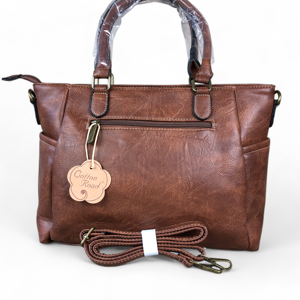 BROWN Cotton Road PU Leather Handbag with EMBROIDERED detailing