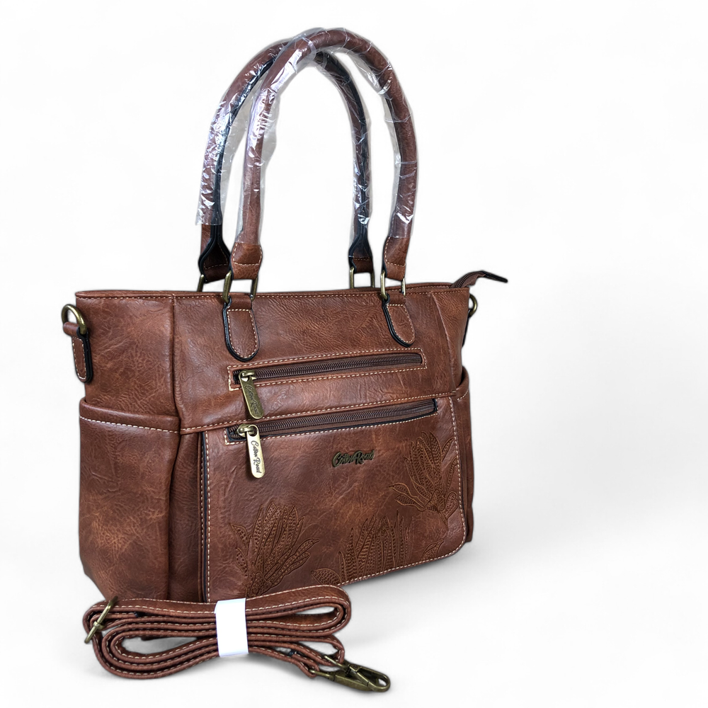 BROWN Cotton Road PU Leather Handbag with EMBROIDERED detailing