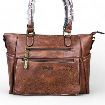 BROWN Cotton Road PU Leather Handbag with EMBROIDERED detailing