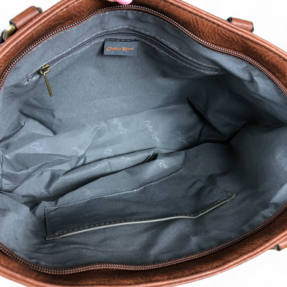 BROWN Cotton Road PU Leather Handbag with EMBROIDERED detailing