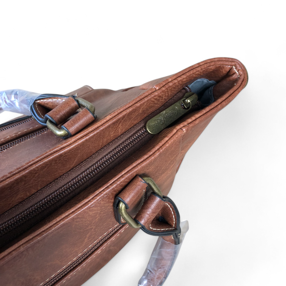 BROWN Cotton Road PU Leather Handbag with EMBROIDERED detailing