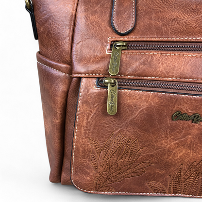 BROWN Cotton Road PU Leather Handbag with EMBROIDERED detailing