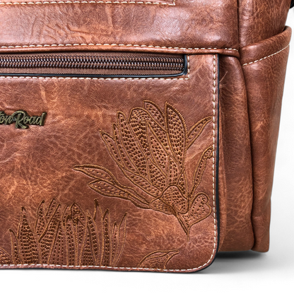 BROWN Cotton Road PU Leather Handbag with EMBROIDERED detailing