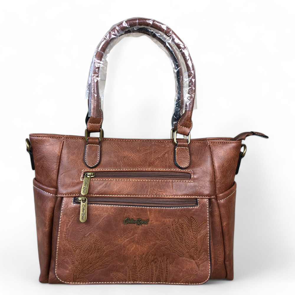 BROWN Cotton Road PU Leather Handbag with EMBROIDERED detailing