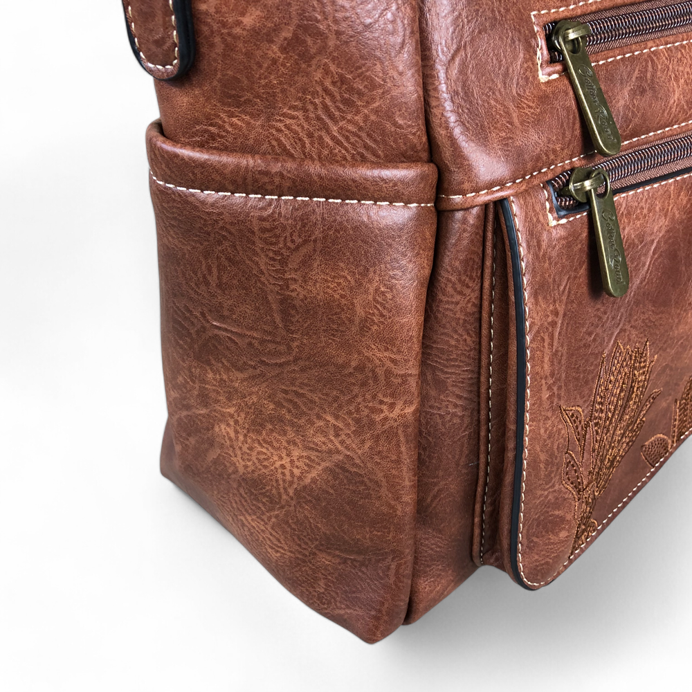 BROWN Cotton Road PU Leather Handbag with EMBROIDERED detailing