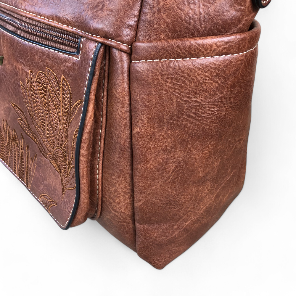 BROWN Cotton Road PU Leather Handbag with EMBROIDERED detailing